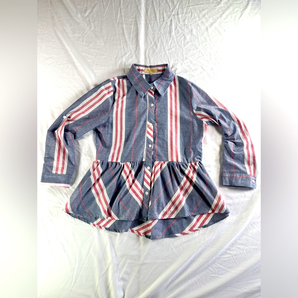Girl's Love Notes Red White & Blue Button Up Baby Doll Blouse Size L Junior